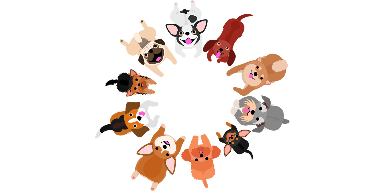 group of happy cartoon dogs in circle